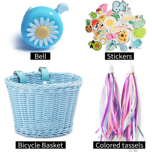 Conjunto de cesta de bicicleta para niños, timbre, borla y pegatinas. Cesta de bicicleta de ratán tejida a mano para manillar delantero. Accesorios de ciclismo.