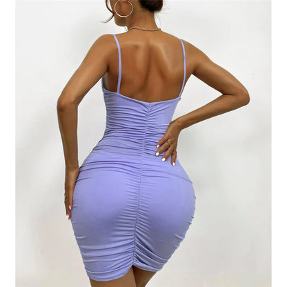 7 Color Sexy Wrinkled Pleated V Neck Sling Dress Short Club Ladies 2025 Summer Bodycon Dress Evening Party Tight Mini Dress D007