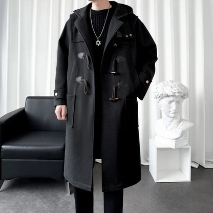 Autumn Men Thick Hooded Trench Coat Men Korean Wool Blends Overcoat Men Casual Horn Button Woollen Coat Black Warm Loose Coat