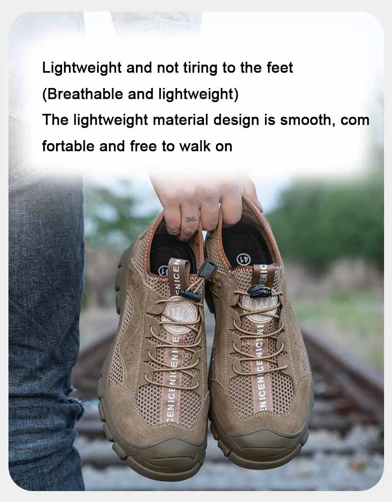 Zapatos de seguridad de piel de vaca, transpirables, para hombre, con puntera de acero, resistentes a impactos, botas de trabajo, indestructibles, zapatillas de trabajo modernas.