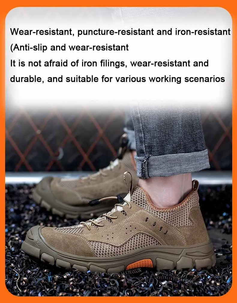 Zapatos de seguridad de piel de vaca, transpirables, para hombre, con puntera de acero, resistentes a impactos, botas de trabajo, indestructibles, zapatillas de trabajo modernas.