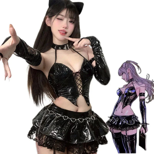 Disfraz de Halloween para mujer, cosplay de anime, reina de la ciudad del diablo Misa, uniforme, disfraz de cosplay, atuendo de cuero PU cyberpunk.