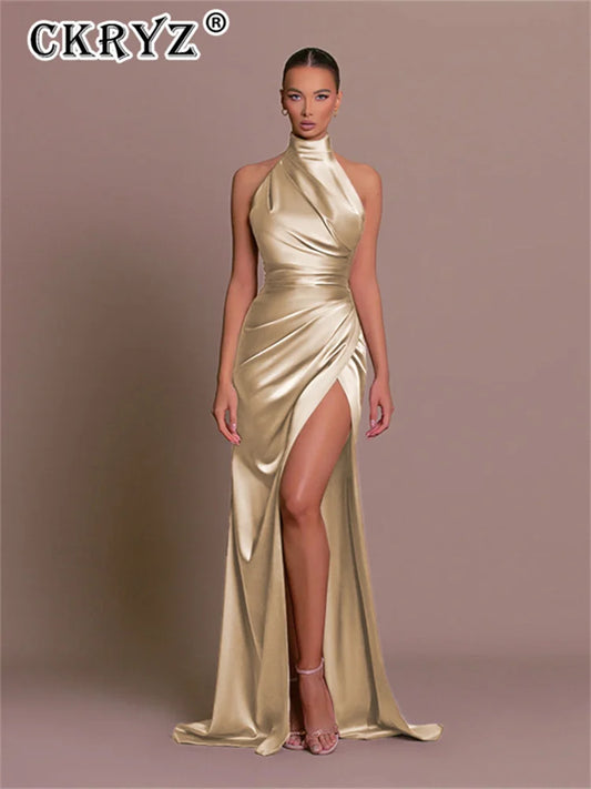 Vestidos de fiesta de verano para mujer, de satén, sin mangas, espalda descubierta, escote halter, abertura lateral, elegantes, largos, estilo Mowan.