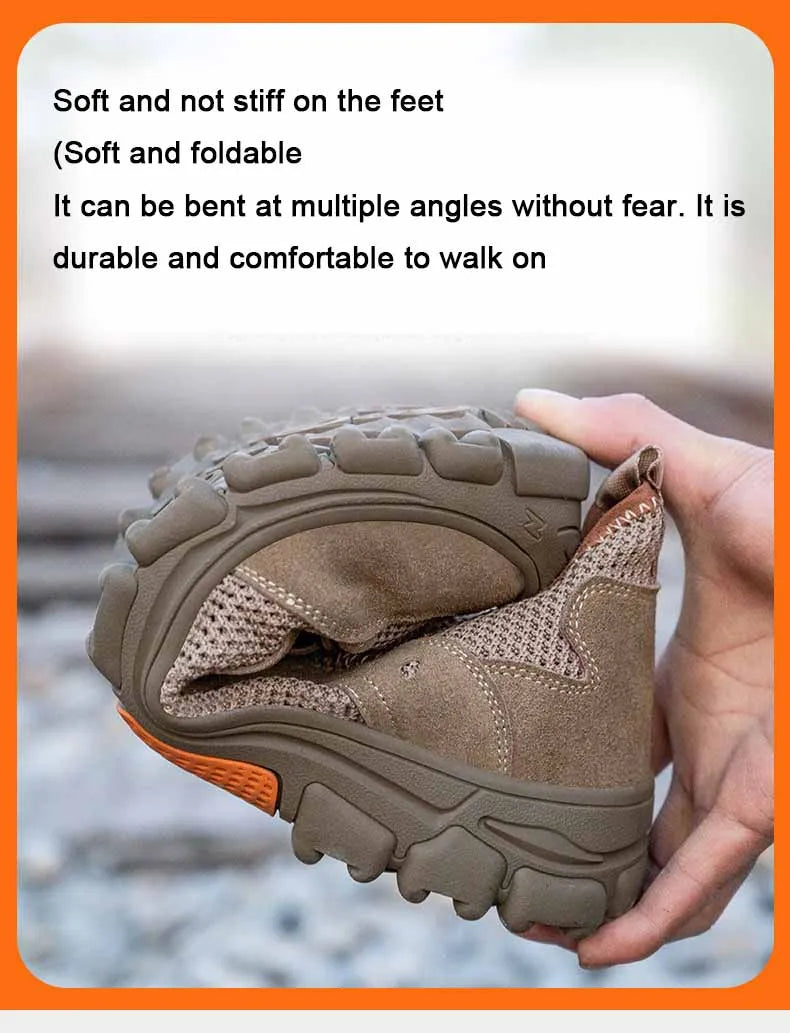 Zapatos de seguridad de piel de vaca, transpirables, para hombre, con puntera de acero, resistentes a impactos, botas de trabajo, indestructibles, zapatillas de trabajo modernas.