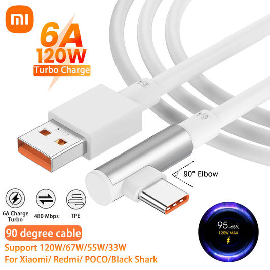 Cable de carga rápida USB tipo C original Xiaomi 6A de 120 W con codo de 90 grados para Mi 11T Pro, Poco F4 GT, Redmi Note 11, K50 y Black Shark 5
