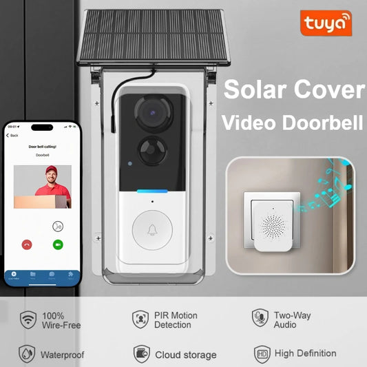 Timbre inalámbrico Tuya 1080P con cámara, wifi, cubierta solar, intercomunicador de audio bidireccional, detección de movimiento, resistente al agua, para exteriores.