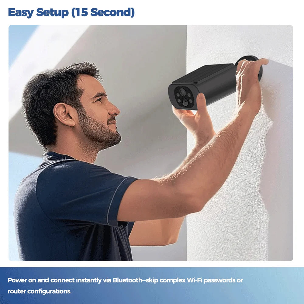 Cámara solar exterior ALEVIO, cámara de seguridad inalámbrica WiFi, 2.5K, ultra larga duración en espera, luz PIR, visión nocturna a color, detección por IA.