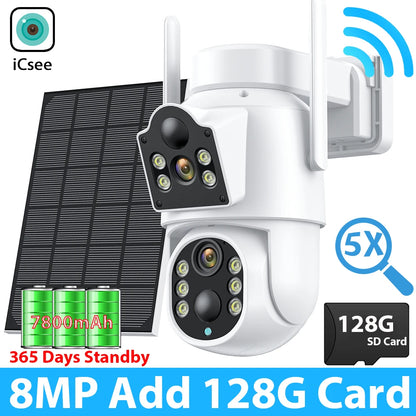 Cámara de seguridad exterior inalámbrica ICSEE de 8 MP, 4K, Wi-Fi, doble lente, 8MP, 4K, solar, con batería de 7800 mAh y 365 días de autonomía en espera.