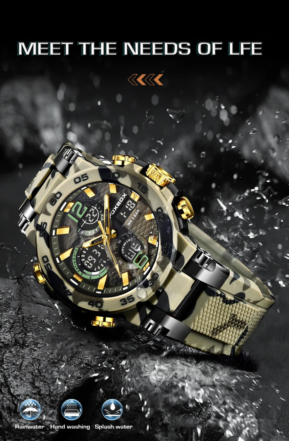 FOXBOX Reloj digital a prueba de golpes para hombre, estilo militar, camuflaje, resistente al agua hasta 5 ATM, relojes electrónicos a prueba de golpes, estilo táctico.