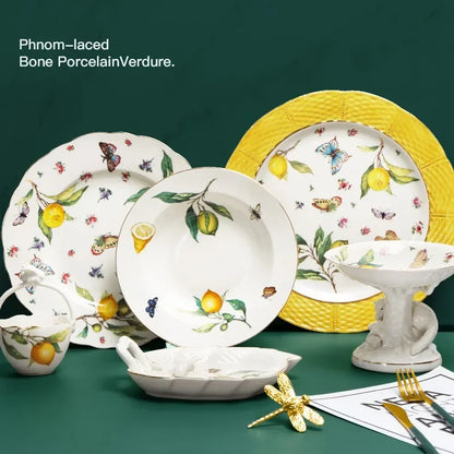 Plato de cerámica de estilo europeo para cena, elegante plato de carne con diseño de limón, juego de taza de café, plato de postre de cocina occidental