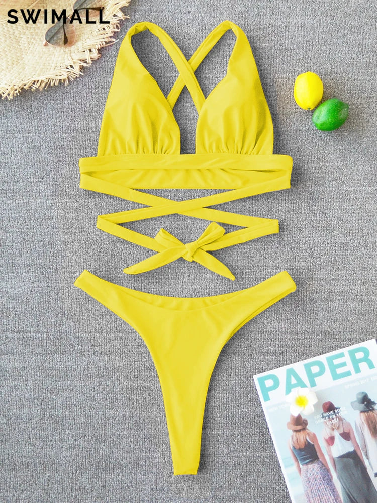Bikini sexy 2025, traje de baño liso para mujer, traje de baño para mujer, conjunto de bikini push up con vendaje cruzado, traje de baño para playa, traje de baño