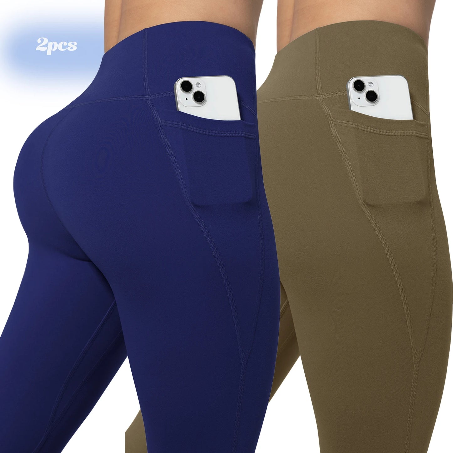 Leggings de yoga para mujer, 2 unidades, con bolsillos, color liso, para gimnasio, actividades al aire libre, cintura alta, ajustados, pantalones deportivos para correr.