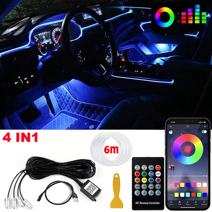 Tira de luces LED para ambiente interior de coche, RGB, fibra óptica, iluminación de neón con control remoto por aplicación, lámparas decorativas para coche