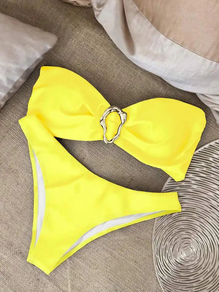 Conjuntos de bikini sin tirantes para mujer, traje de baño de dos piezas con efecto push up, bañadores sexys de color liso, ropa de playa sin espalda para mujer