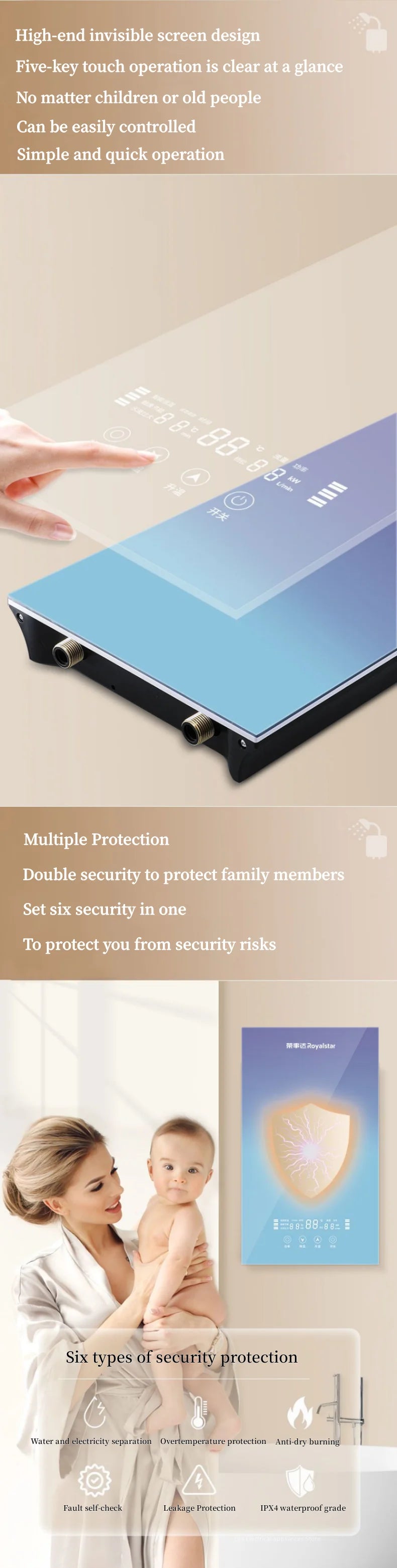 Calentador de agua eléctrico de calentamiento instantáneo para hogares pequeños. Calentamiento rápido, 8500 W. Temperatura constante inteligente. Sin depósito de agua.