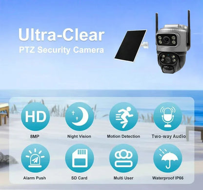 Cámara solar 4G de 8MP con lente dual 4K, PIR, tarjeta SIM integrada, visión nocturna, resistente al agua, cámara IP de seguridad con batería y monitor CCTV.
