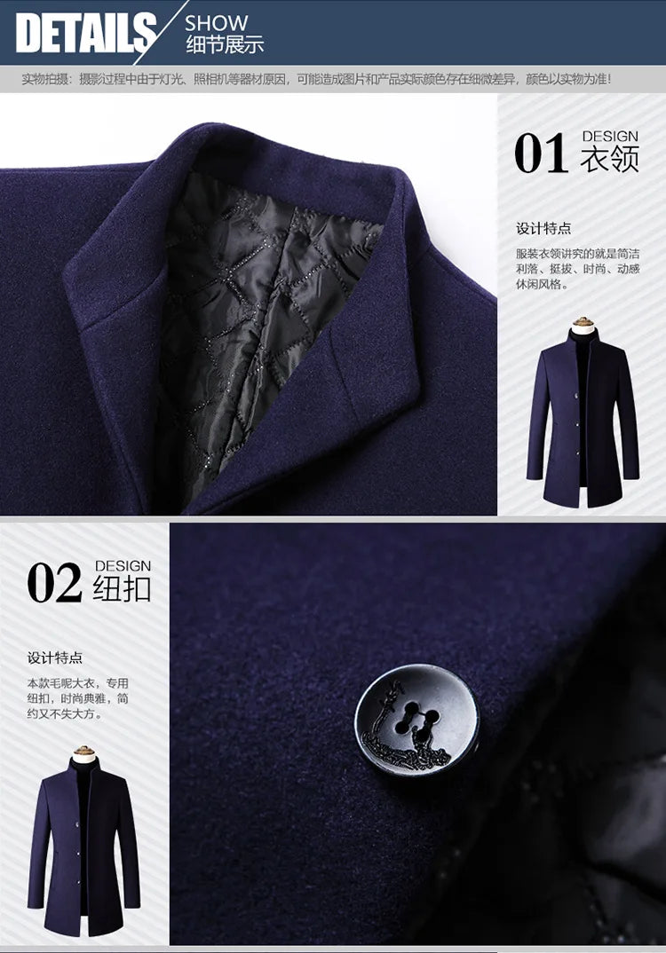 Tallas EUR S-XXL. Abrigo de lana grueso y cálido para hombre, con cuello alto, estilo casual de negocios, corte ajustado. Chaqueta de lana cortavientos para hombre.