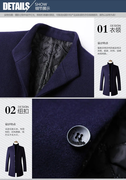 Tallas EUR S-XXL. Abrigo de lana grueso y cálido para hombre, con cuello alto, estilo casual de negocios, corte ajustado. Chaqueta de lana cortavientos para hombre.