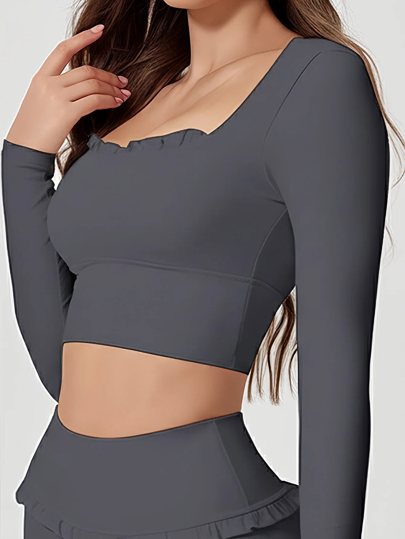 Conjunto de Yoga de 2 Piezas con Volantes para Mujer, Cintura Alta, Control de Abdomen, Pantalones Acampanados, Top de Manga Larga, Ropa Deportiva para Gimnasio, Correr, Clásico, Gris Oscuro