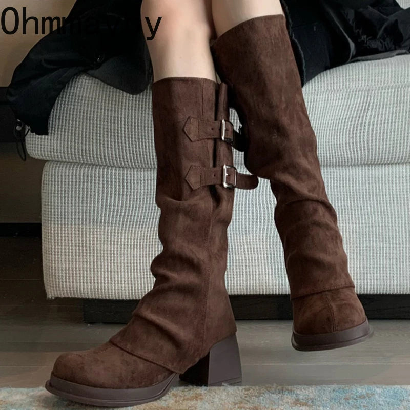Botas vintage para mujer, con hebilla de cinturón extraíble, para otoño e invierno, con tacón grueso, elegantes y largas.
