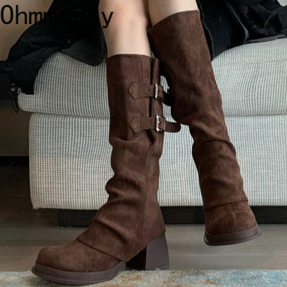 Botas vintage para mujer, con hebilla de cinturón extraíble, para otoño e invierno, con tacón grueso, elegantes y largas.