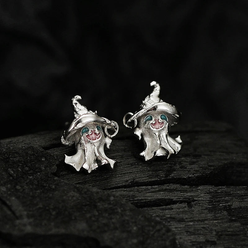 Pendientes de plata de ley 925 con forma de sombrero mágico y fantasma para mujeres y niñas, con personalidad, estética y accesorios de joyería de Halloween.