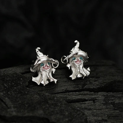 Pendientes de plata de ley 925 con forma de sombrero mágico y fantasma para mujeres y niñas, con personalidad, estética y accesorios de joyería de Halloween.