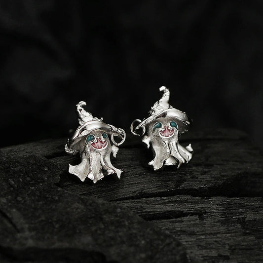Pendientes de plata de ley 925 con forma de sombrero mágico y fantasma para mujeres y niñas, con personalidad, estética y accesorios de joyería de Halloween.