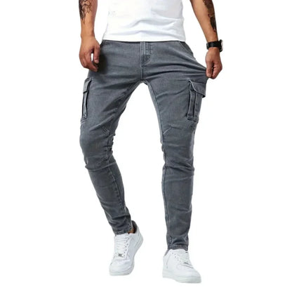 Pantalones vaqueros ajustados elásticos para hombre, pantalones vaqueros lisos de corte ajustado, pantalones cargo con múltiples bolsillos, pantalones casuales de moda para hombre