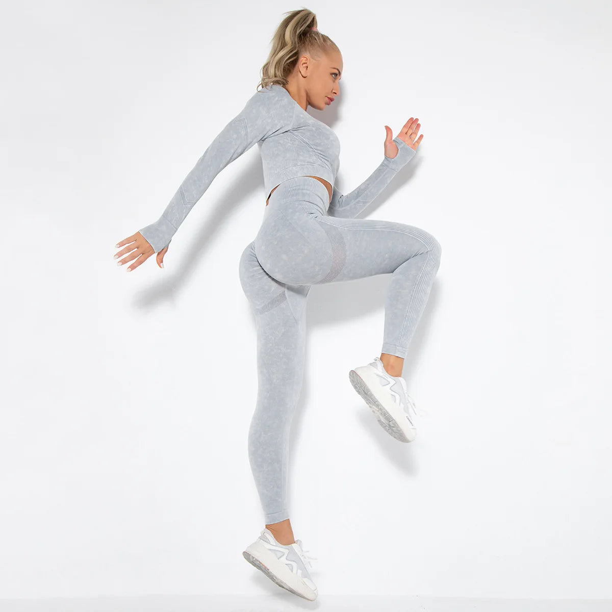 Conjunto de Yoga para Mujer de Alta Calidad, Sin Costuras, 2 Piezas, Camiseta Deportiva de Manga Larga con Color Degradado y Leggings Cortos, Ropa Deportiva para Mujer, 2 Piezas