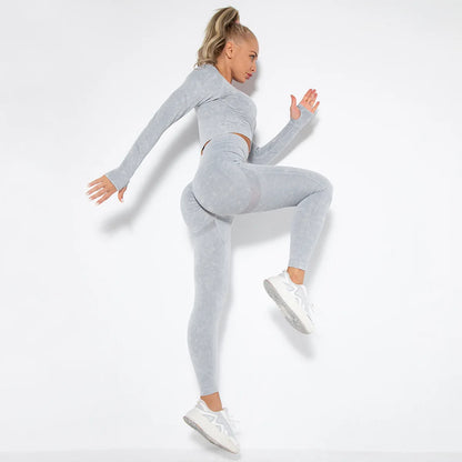 Conjunto de Yoga para Mujer de Alta Calidad, Sin Costuras, 2 Piezas, Camiseta Deportiva de Manga Larga con Color Degradado y Leggings Cortos, Ropa Deportiva para Mujer, 2 Piezas