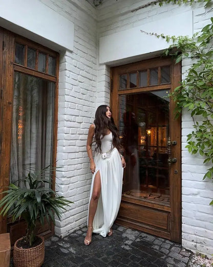 Vestido largo sexy con abertura alta JULISSA MO para mujer, negro, sin mangas, de talle alto, ideal para otoño, elegante y ajustado, perfecto para fiestas y discotecas (2024)