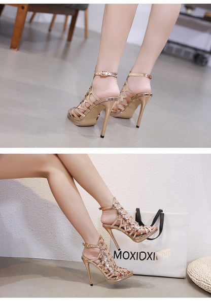 Aneikeh Patent Leather Gladiator Golden Sexy Hollow Out Sandals Party Shoes 2025 Fashion Night Club High Heel Strap Womens 35-40