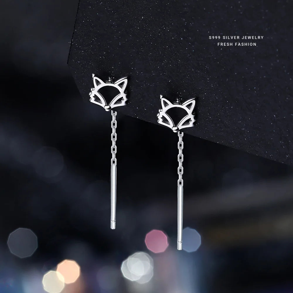 Pendientes colgantes sencillos de plata pura S999 con forma de animal Mori Girls, con borlas de zorro, bonitos y largos, joyería fina