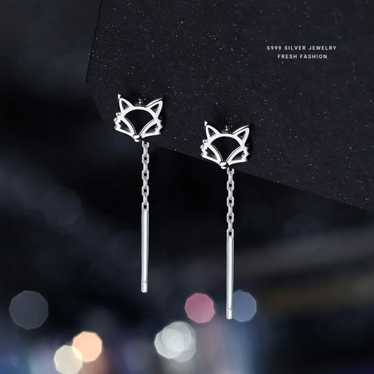 Pendientes colgantes sencillos de plata pura S999 con forma de animal Mori Girls, con borlas de zorro, bonitos y largos, joyería fina