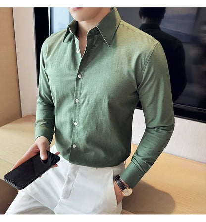 Camisa de hombre de color liso de alta calidad, 55 % algodón y 45 % lino, transpirable y con absorción de sudor, de manga larga. Tallas M-4XL.