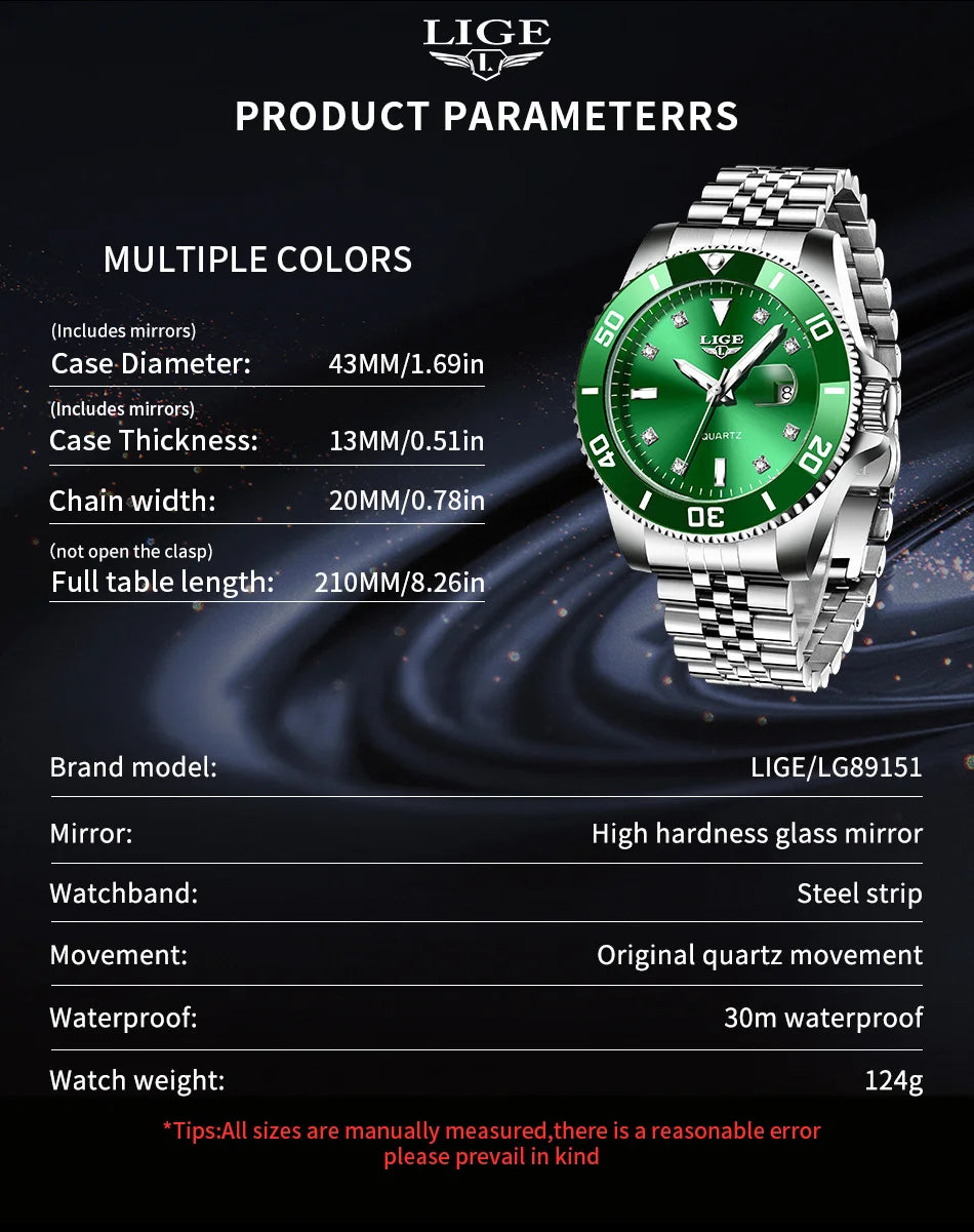 Reloj de lujo LIGE para hombre, reloj de cuarzo con esfera engastada de diamantes, resistente al agua, calendario, mariposa, doble cierre, acero inoxidable.