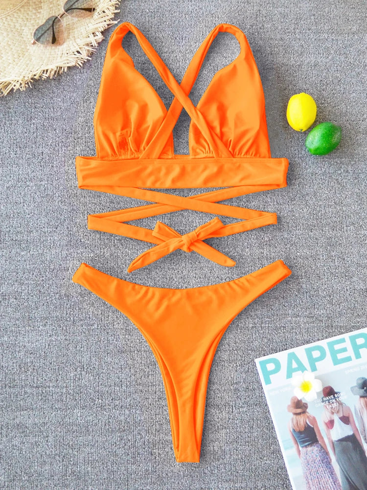 Bikini sexy 2025, traje de baño liso para mujer, traje de baño para mujer, conjunto de bikini push up con vendaje cruzado, traje de baño para playa, traje de baño