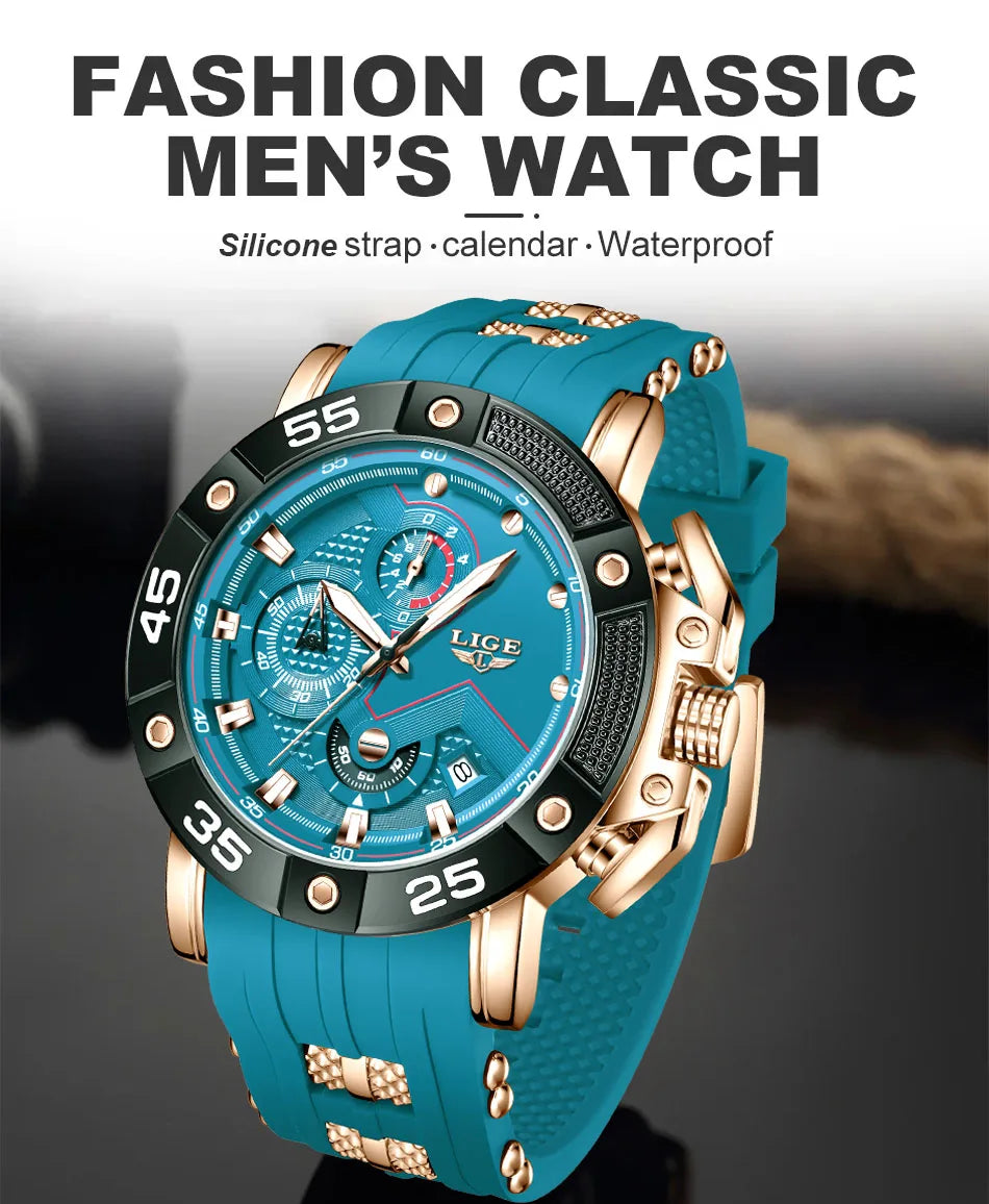 Relojes LIGE para hombre, marca superior, lujo, esfera grande, silicona, militar, deportivo, impermeable, cuarzo, para hombre, Relogio Masculino.