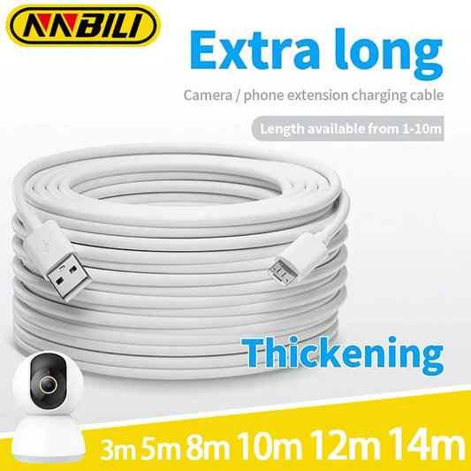 Cable de carga micro USB NNBILI de 3 m, 5 m, 6 m, 7 m, 8 m, 10 m, 12 m y 14 m para cámara de teléfono inteligente Android, cable de carga USB extendido.