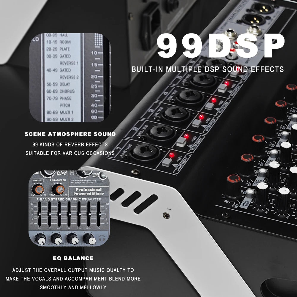 Interfaz de mezclador de audio de potencia, consola de mezclas USB Bluetooth de 6 canales con alimentación fantasma de 48 V, tablero de sonido para música para PC, escenario, DJ y estudio.