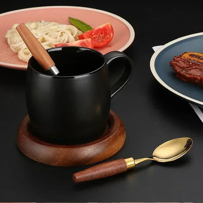 Juego de 4 cubiertos con mango de madera de acero inoxidable, cuchillo, tenedor y cuchara, apto para lavavajillas.