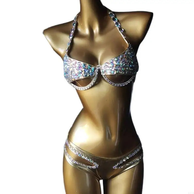 Sparkling Rhinestones Swimsuit for Women Padded Bathing Suit Halterneck Swimsuit