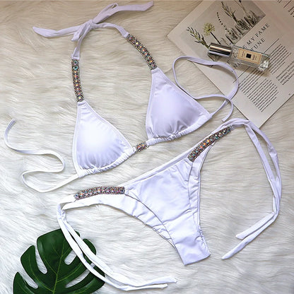 Bikini sexy de 4 colores para mujer, traje de baño liso de lujo con diamantes de imitación, estilo halter, conjunto de bikini para mujer, traje de baño de playa con tanga.