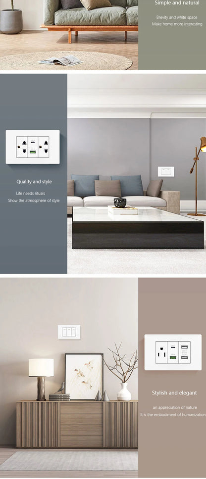 Enchufe de pared USB inteligente tipo C de 20 W con carga rápida para Italia, Chile y México; panel de interruptor de luz eléctrico de Brasil con toma USB-C universal.