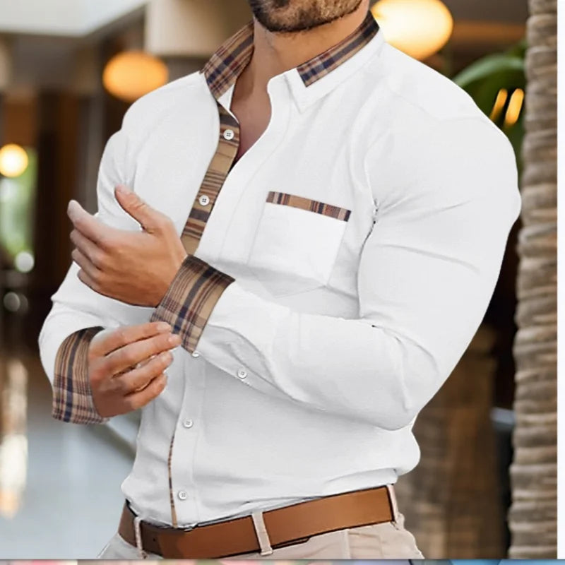 Camisa de hombre con solapa de color a juego, de algodón ramio, de manga larga, cárdigan de hombre, camisa informal holgada de moda para hombre