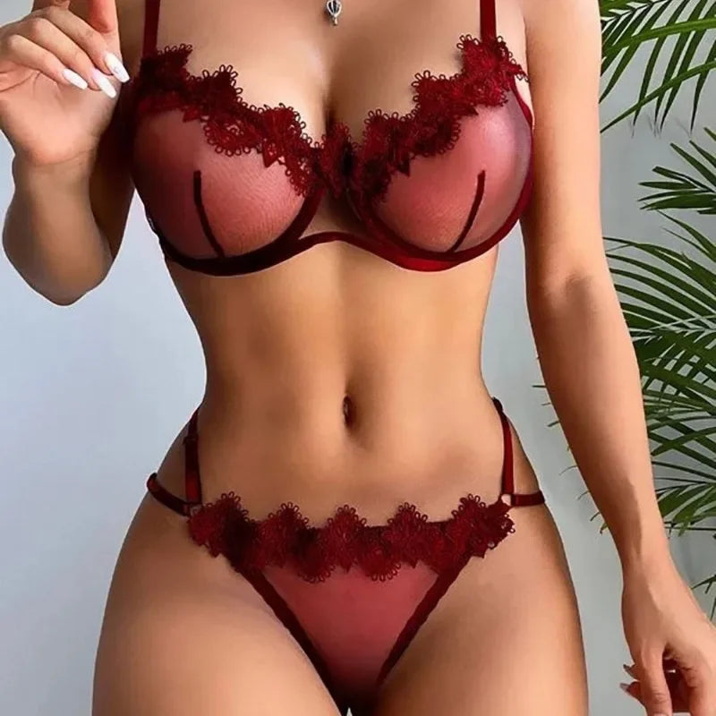 Conjunto de lencería sexy Tornova, color sólido, encaje transparente, conjunto de dos piezas, encaje de malla con parches, ropa interior femenina atractiva.