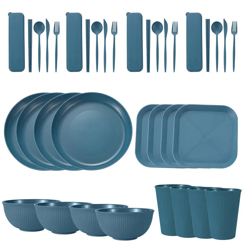 Juego de 36 platos de paja de trigo ecológicos para ramen, vajilla para cena, juego de vajilla para acampar con cuchillo, tenedor y cuchara.
