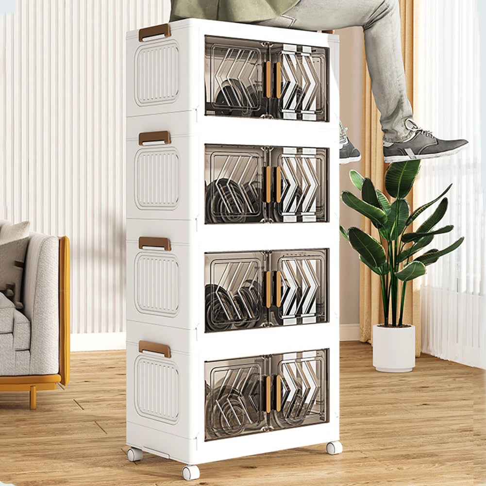 Contenedores de almacenamiento apilables de 4 niveles con puertas y ruedas, cajón organizador plegable para sala de estar, dormitorio y oficina.