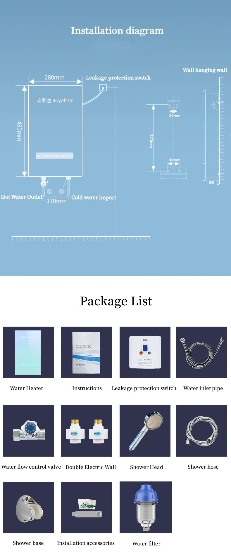 Calentador de agua eléctrico de calentamiento instantáneo para hogares pequeños. Calentamiento rápido, 8500 W. Temperatura constante inteligente. Sin depósito de agua.
